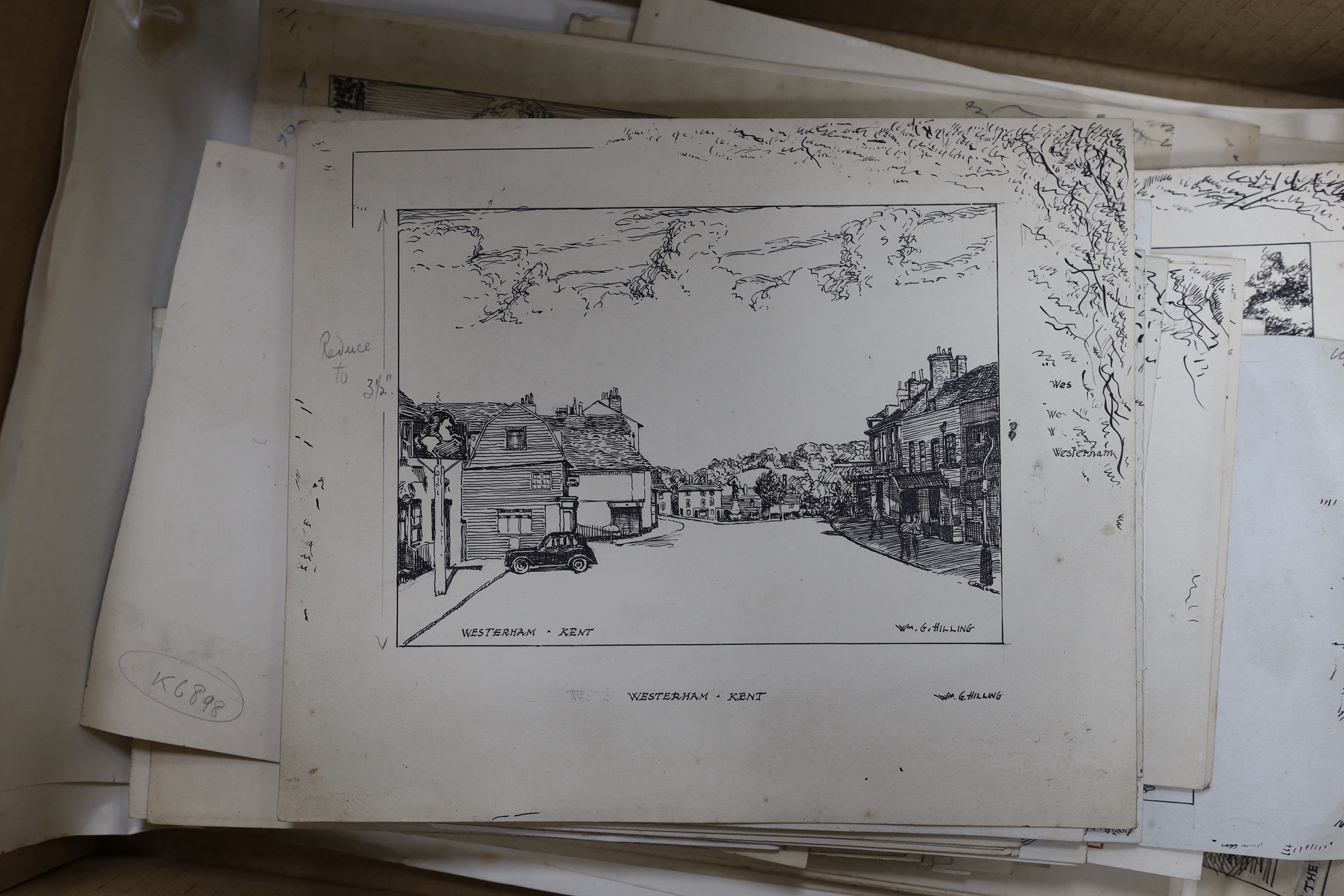William Hilling (20th. C) large collection of pen and ink sketches, English landscapes and scenes, most signed and inscribed, together with various printed booklets depicting his work